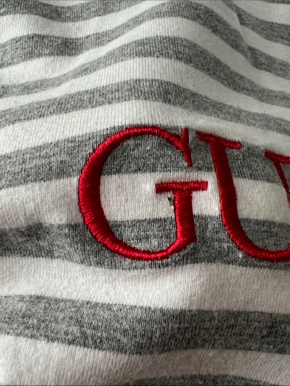 Guess Gray & White Striped Mock Neck Top with Red Logo - Picture 3 of 4